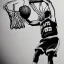 Placeholder: Black and white drawing of a basketball player, slam dunk