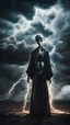 Placeholder: A skeletal figure in robe stands against a background of dark clouds, there are electric discharges around the figure, epic portrait style