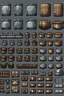 Placeholder: Sprite sheet, Metal scrap item, Metal ingot, Sheet metal, copper scrap, copper ingots, sheet metal copper, survival gear and weapons, icons, post apocalypse survival game, gray background, 32 pixel by 32 pixel art, items to be picked up