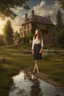 Placeholder: fullbody shot of a very beautiful lady curvy hair, in the country side with a narrow river with clean water and nice rocks on floor. The trees and wild flowers pretty country houses ,nice cloudy sky.