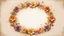 Placeholder: Hyper Realistic Rule-of-3rd-view of Beige small-multicolor-Floral-Circular-Frame With Glowing Golden Embers On Off-White Grunge Background.