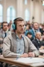 Placeholder: A simultaneous translator of Slavic appearance sits at a table with headphones on at a briefing and translates, in a large hall, there are a lot of people around, the background is blurred, everything is in pastel light colors