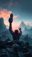 Placeholder: realistic photo of a landscape covered in granite that looks futuristic with futuristic lighting , a giant creature holding by both hands a stone up looking at the view