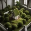 Placeholder: a tree, miniature, a house on the tree, shot from above, realistic, between leaves, cinematic, heavy light, cute, 3d, white walls, sunny, dev on leaves