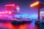 Placeholder: eine tankstelle mitten im wasser umgeben von schiffen, digital part,centered, detailed, 8k, shining, heaven, dampf, cyberpunk art, neon lights, neon signs, night, stars, stadion lichter, wide angle,