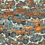 Placeholder: A light rosy orange colored junkyard with construction vehicles painted by Keith Haring