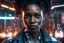 Placeholder: Looking into the camera, Close-up of a strong and arrogant black female doctor in her laboratory, hyperrealistic 16k, 3d rendering, expressively detailed, dynamic light, Cyberpunk, steampunk, neon lighting