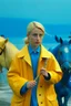 Placeholder: In the music video, a 23-year-old woman with blonde hair and bright blue eyes stands in the sea, se has a bun. dressed in a yellow fisherman's jacket ag. She holds an umbrella, but it offers no protection from the pouring rain. Around her, heavy horses are moving. The rain is pouring heavily. She is standing in the middle of the sea. You can see here completely. Horses only the girl and horses, i wanna see the horses dancing around her.. NOT SEXY!! middle of the sea, green pants, bolder, green