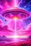 Placeholder: vaisseau interdimensionnel de couleur rose, grands rayonnements, dans un cosmos rose et jeu très étoilé d'or, 8K,ufo rainbow