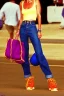 Placeholder: year 1996 denim fashion. Loose fit, low waist, baggy. Colors: denim blue, blue, purple, khaki, light green, lilac, plum, orange, terracotta, red, light yellow, lion yellow, pink, dark blue, beige. Women models. Jennifer Lopez, Kate Moss, Gwyneth Paltrow. Big tennis shoes on.