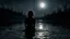 Placeholder: a sad woman sitting in the dark water with a full moon in the background, reflections on water, dark atmosphere, surreal, dramatic mood, water mists, in a shallow river, grieving. high detalied, intricate, swirly liquid ripples, an emo girl, dark deep colours, atmospheric, weird, crepy stunning