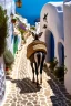 Placeholder: donkey walking on a path in Thira, Greece, baskets with vegetables on his back, cute face, perfect iris, cobblestone pavement, hyper realistic, detailed, accurate, beautifully ornamented houses, open aperture, style Isabel Kreitz