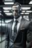 Placeholder: business suit, security headphone, in office, cyborg