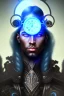 Placeholder: portrait of a dark skinned male dark elf with long white hair, haunting blue eyes, and wearing a steampunk exoskeleton powered by gears, in fantasy style