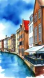 Placeholder: Watercolors painting with dark brown buildings and cafe by the river with outdoor tables and dark blue sky