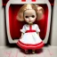 Placeholder: A girl's doll wearing a white dress with red blood bleeding from the back