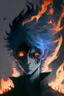 Placeholder: Anime with wight hair and black clothes and power fire and eyes of sharengan and cool face