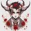 Placeholder: a beautiful demon boy, wears a smart shirt which is embroidered with red flowers and ornaments, has dark eyes and horns