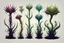 Placeholder: Isolated concept art of 5 alien plants on a plain neutral background. Strange fictional extraterrestrial flora with unusual shapes, glowing details, thorns, spines, tendrils, roots, and exotic flowers. Each plant designed with unique silhouette and fantasy colors, digital painting style, detailed textures, science fiction botanical illustration, no background, no landscape.