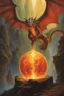 Placeholder: magic orb dripping with dragon fire. identical wings. fantasy setting. concept art, intricately detailed, color depth, dramatic, colorful background. painted by Jeff Easley