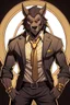 Placeholder: Buff, anthro, wolf, himbo, black fur, gold eyes, wearing a suit, full-body, muscles, strong, muscular, man boobs, bulky, tail, dark fur, smug grin, hands on hips, furry-himbo, broad shoulders, wide hips,