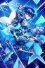 Placeholder: neon blue, flying parts of armor in form of triangles, cyber armor, geometric patterns on armor, male, orbiting triangle, armor drones