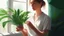 Placeholder: Woman holding a plant in the sunshine, interior, white shirt, instagram. digital painting. front.