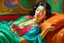 Placeholder: oriental woman lying on a pillow painting neoclassism bright colors zoom out realistic