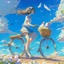 Placeholder: A girl is riding a bicycle on the beach. His cat is sitting in the front basket of the bicycle. Spring flowers can be seen everywhere. Beautiful blue sky with white clouds - kites in the sky. sense of peace. digital art, anime, 8k, full details