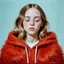 Placeholder: Lily rosedepp,avec un long pull a capuche en angora rouge jusquaux, polaroid, elle a les yeux fermés et les joues bleues, peinture à l'huile, des grains de beauté
