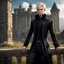 Placeholder: Hyper realistic human male with pale skin and wearing dark black fantasy noble clothes, wearing a hat and glasses. with short blonde hair and blue eyes, looks like a final fantasy 15 character, full body picture, castle in the background, five fingers on the hands, only two hands, young looking face,