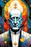Placeholder: Create a chaotic abstract cubist Tarot Card depicting a post apocalyptic, The Pope , with highly detailed facial features, in the style of Bill Sienkiewicz, Philippe Druillet, Gustav Klimt, and Jean Giraud Moebius, precisely drawn, colored and inked