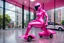 Placeholder: Hyperrealistisch stämmige, üppige Frau völlig verhüllt von pinkfarben glänzendem Ganzkörper-Zentai mit geschlossenem Visier in pinkfarbenem, geschlossenem Helm fährt pinkfarbenen Elektro Scooter