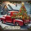 Placeholder: old vintage red Ford pickup truck with decorated Xmas tree in bed of the truck.. In the background is a weathered barn. Snow is falling. Mood is festive. "Take a little Xmas with where ever you go" is written on bottom.
