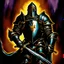 Placeholder: 90's TCG art retro fantasy art of a heroic epic knight