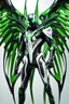 Placeholder: Cyborg symbiote, white color, green color, tendrils, high tech, cyberpunk, biopunk, membrane wings, carbon fiber, cyber tentacles, and the other two.