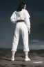 Placeholder: Billie Eilish, kneeling, underpants, white socks, rear view, pale skin, high detail, realistic, 8k, not to be distinguished from a photo