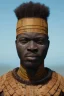 Placeholder: african head portrait, warrior costume, village, meditation, woods, galaxy sky, 8k quality