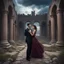 Placeholder: Hyper Realistic photographic-view Handsome-Muscular-Man In Black-tuxedo & beautiful-woman-with-whirling-black-hair-&-black-gown-cold-breeze & both-getting-romantic in the middle of an ancient-prehistoric-castle-ruins with wedding-setup & UFOs on cloudy-maroon-sky with thunderstorm giving it a dramatic & cinematic ambiance