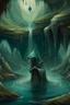 Placeholder: In Bosch painting style A scary hooded alien creature standings in lake with waterfalls in side a cave underground