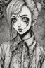 Placeholder: create a full body portrait illustration of a vampire gothpunk girl with highly detailed , sharply defined feminine facial features, in a chaotic, turbulent, otherworldly London in the anime style of Junji Ito, precisely drawn, inked, with dramatic edges,