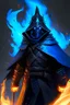 Placeholder: A commander with a matte black combat helmet and eyes with bright blue flaming pupils, a black cape and a long coat with long combat boots and a long, sharp and fiery spear and with his helmet under his cape and two blue flames instead of eyes