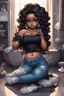 Placeholder: Create a futurism magna art of a black chibi curvy female sitting on the floor looking at herself in a hand mirror. She is wearing tight blue jeans and a black off the shoulder blouse. Prominent make up with lush lashes. Highly detailed long wavy hair. She is also wearing silver large hoop earringsart of a black chibi curvy female sitting on the floor looking at her cell phone. She is wearing tight blue jeans and a black off the shoulder blouse. Prominent make up with lush lashes.