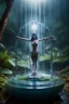 Placeholder: action figure of a glossed and transparent chained and crucified electric female opera yoga master on round swamp transparent glass boat eye throne in a charged foggy jungle starry waterfall, blur background to make character pop out