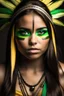 Placeholder: Beautiful girl with rainbow eyes, warrior, Native American, green and gold eyes, strong, sad, resilient, full body tough stance, photo-real