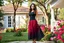 Placeholder: very beautiful lady with beautiful midi dark black-red skirt and top with curvy hair sports shoes standing in a nice villa yard with trees flowers ,16 by 9