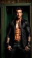 Placeholder: Jason David Frank Very muscular man with short hair and tribal tattoos piercings wearing a black suit , fantasy standing in a doorway