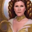 Placeholder: hyperspace background, complete and photo realistic detailed head to waist stunning photo realistic portrait of carrie fisher as Princess Leia in star wars with photo realistic updo hair by Mandy Jurgens and mucha and Richard Schmid and chuck close and chie yoshii, extraordinary and detailed ceremony dress of star wars,brown eyes