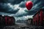 Placeholder: one red party balloon on sky, high realistic, storm, gloomy, surreal, little dark old city, ruins, professional photo, cinematic, utopistic
