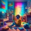 Placeholder: A boy is sitting on the sofa in his room listening to music with headphones, and his toys have come to life and are playing around him. A room full of joy and color.